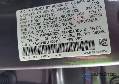 2020 Honda Cr-V Awd Ex z USA, uszkodzony, nr VIN 2HKRW2H56LH626418